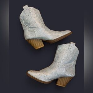 Silver Western rhinestone Ankle Boots